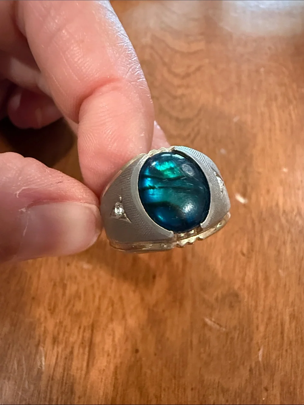 Vintage 14K Gold Electroplated Men's Ring with Blue-Green Abalone Cabochon 8 3/4
